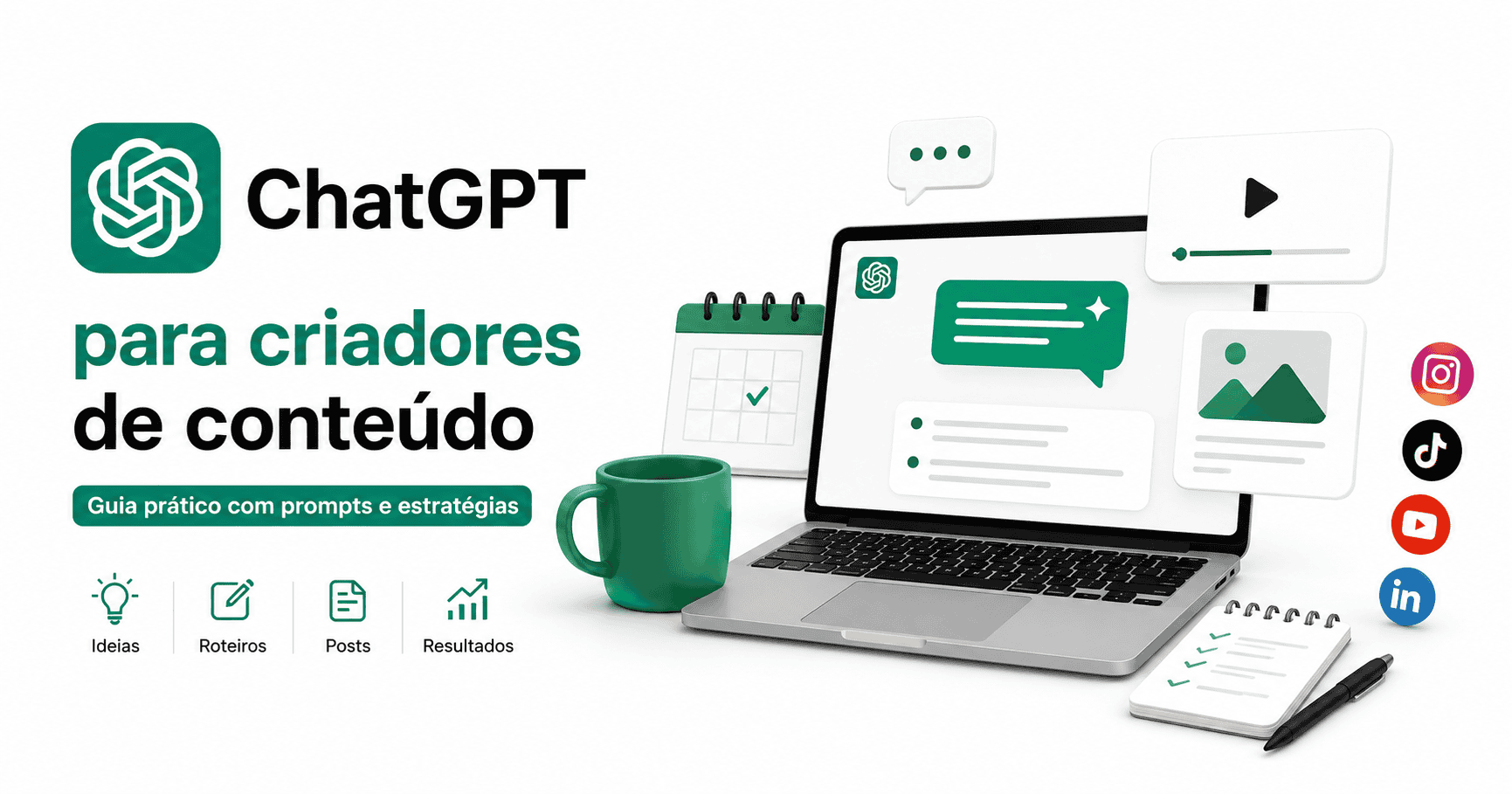 Criador de conteúdo usando ChatGPT para planejar posts, roteiros e calendário editorial
